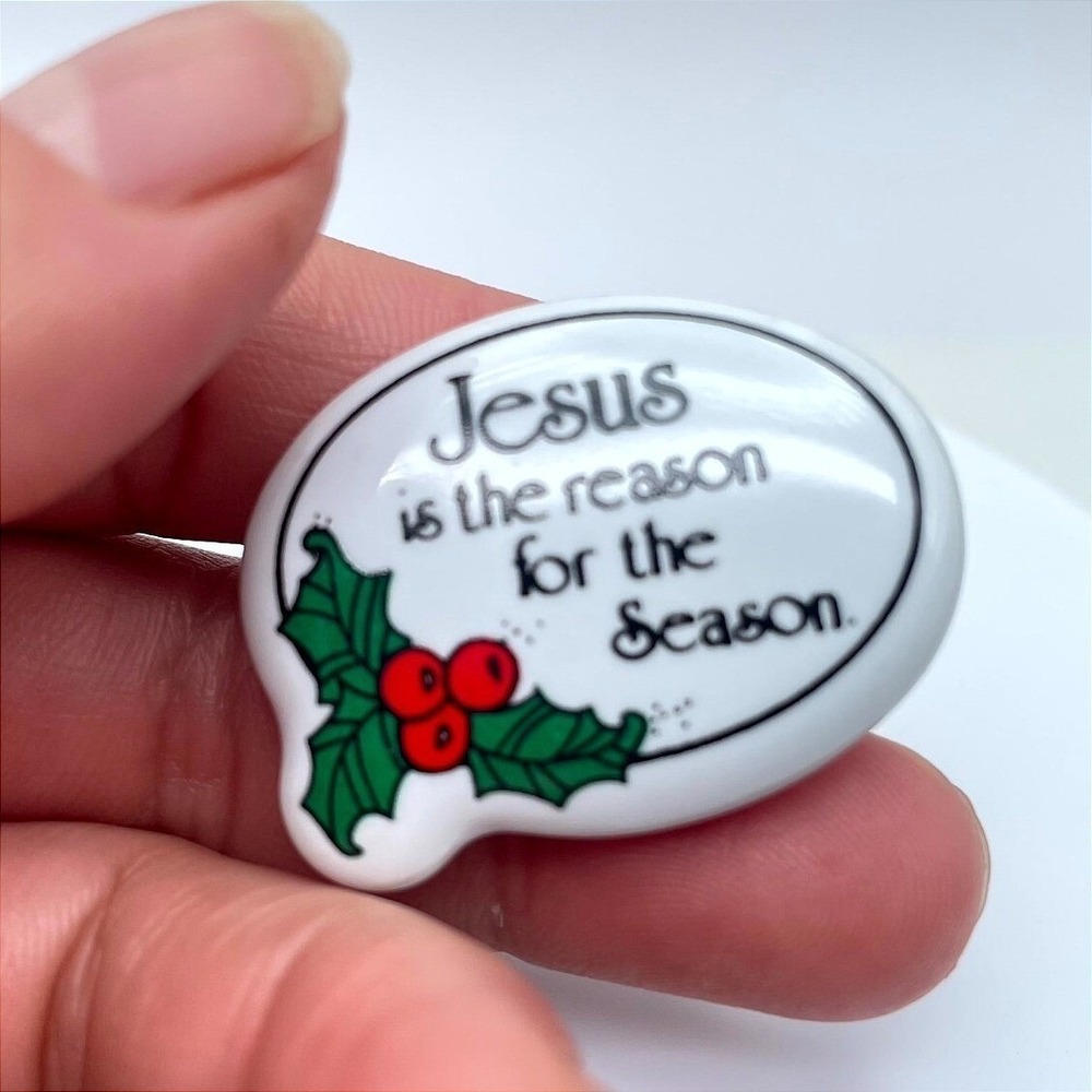 Vintage White Religious Porcelain "Jesus is the Reason for the Season" Lapel Pin